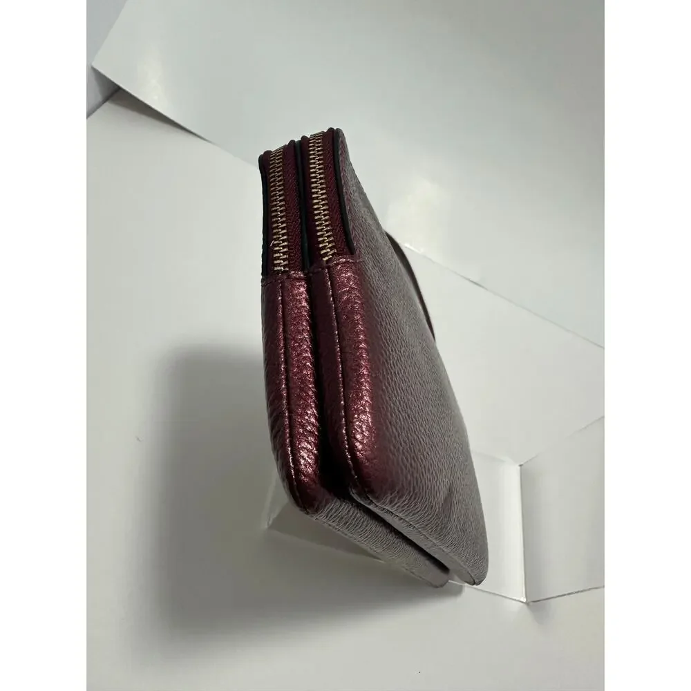 Coach F87587 Double Zip Wristlet Metallic Wine Burgundy Pebbled Leather Gold